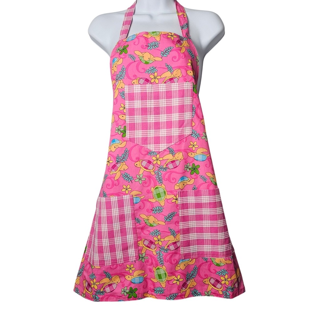 Handmade Pink Reversible Turtle Plaid Apron Made in Hawaii Mona's Creations